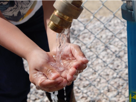 A child holds water in their hands